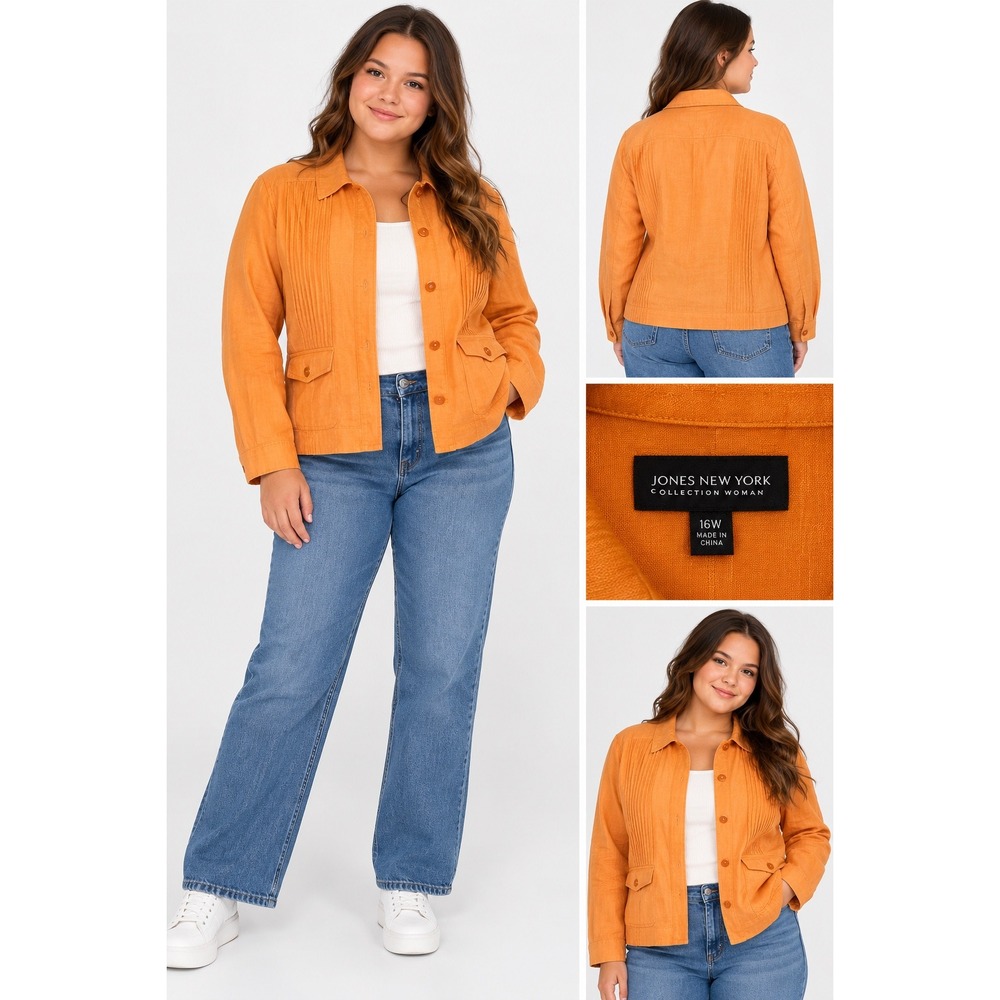 Jones New York 100% Linen Orange Pintuck Button Front Jacket 16W NWT
